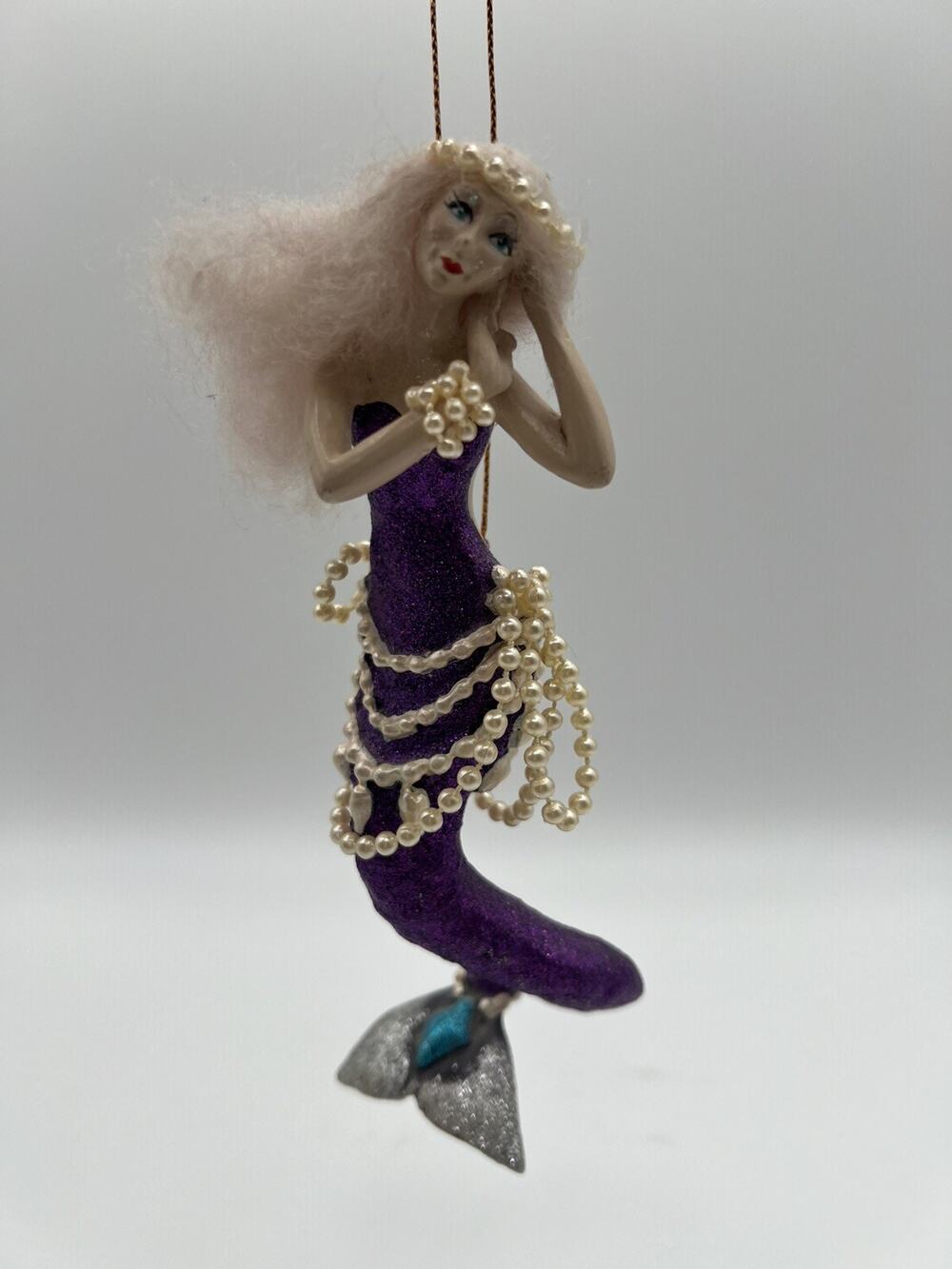 Vintage Katherine's Collection Purple Glitter Mermaid with Pearls 8" Ornament